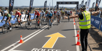 Course marshal directing cyclists with arrow paint on road