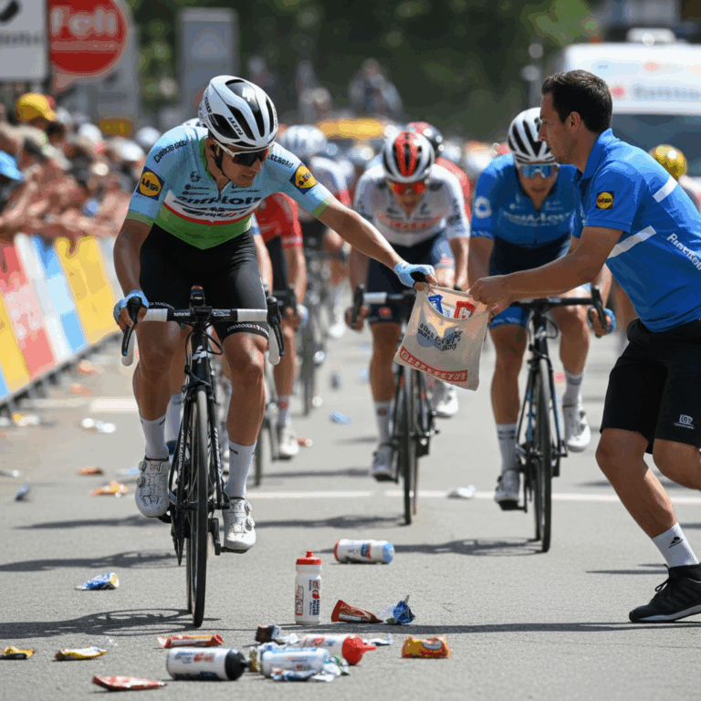 Cyclist grabbing a musette bag at the feed zone during a race