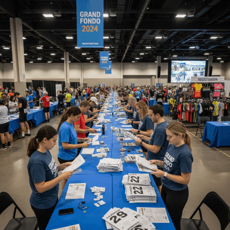 Cycling race packet pickup at registration table