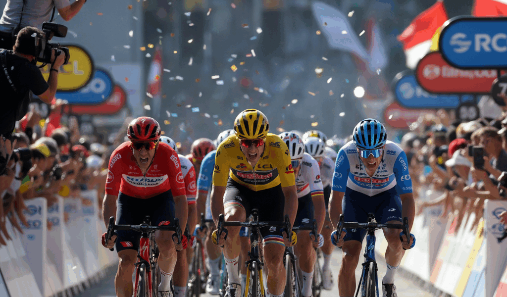 Cyclists in a dramatic photo finish sprint at the finish line