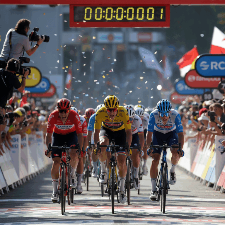 Cyclists in a dramatic photo finish sprint at the finish line