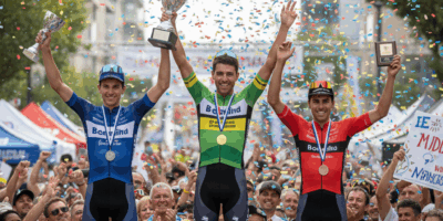 Cyclists celebrating on the podium at a criterium race