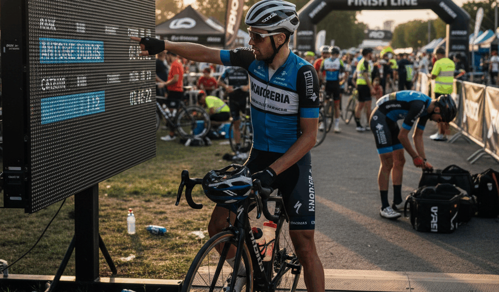 Cyclist checking race results on timing board