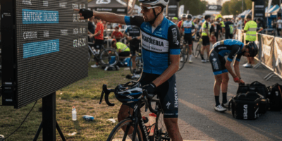 Cyclist checking race results on timing board