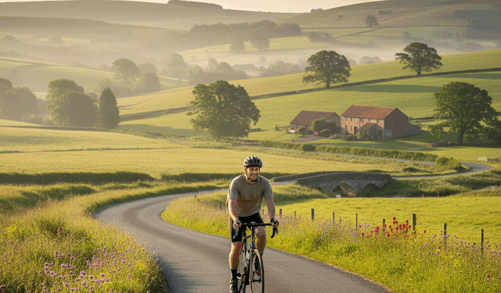 Cyclist on a peaceful recovery ride through scenic countryside