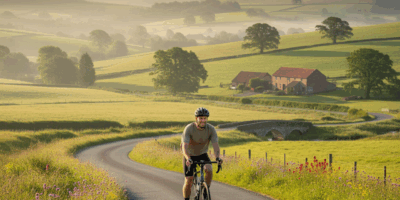 Cyclist on a peaceful recovery ride through scenic countryside