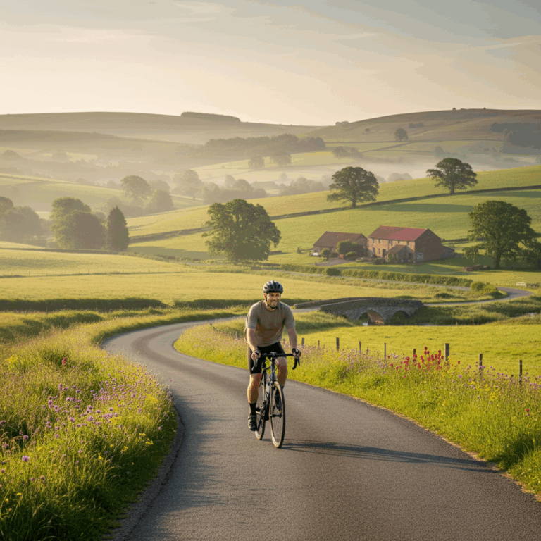 Cyclist on a peaceful recovery ride through scenic countryside