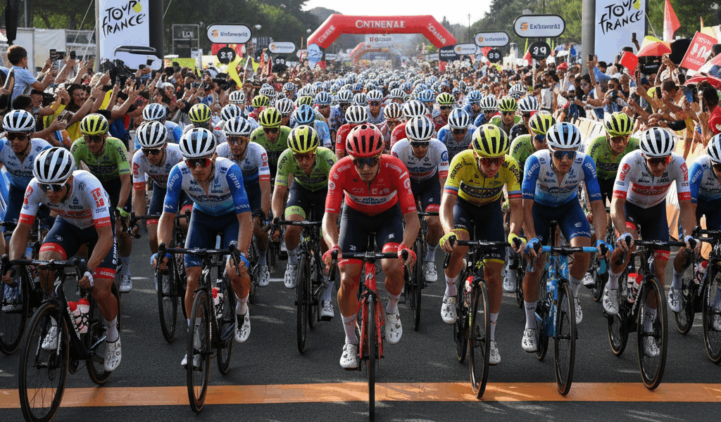 Cyclists lined up at the start line of a road race