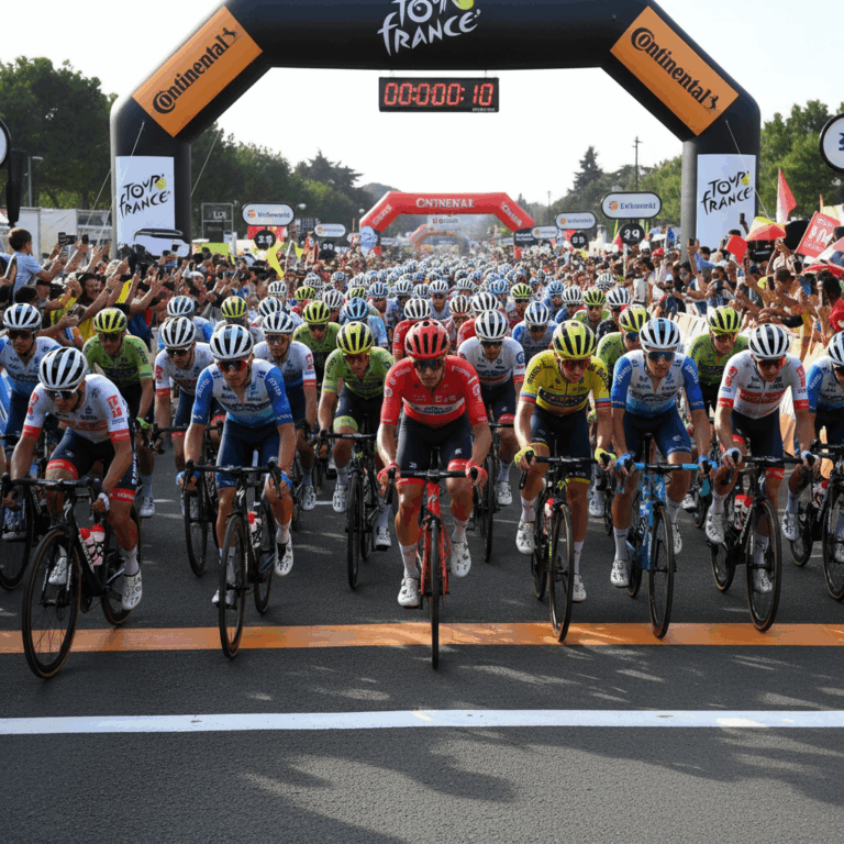 Cyclists lined up at the start line of a road race