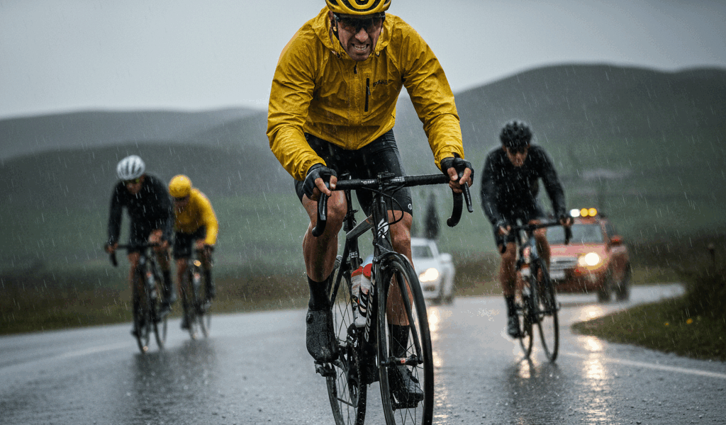 Cyclist riding in rainy weather conditions