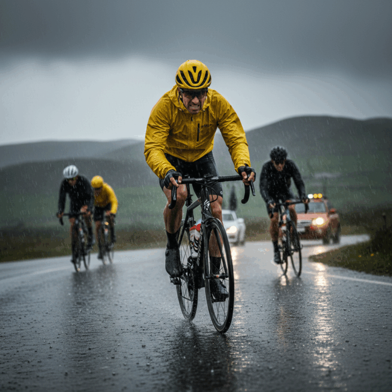 Cyclist riding in rainy weather conditions