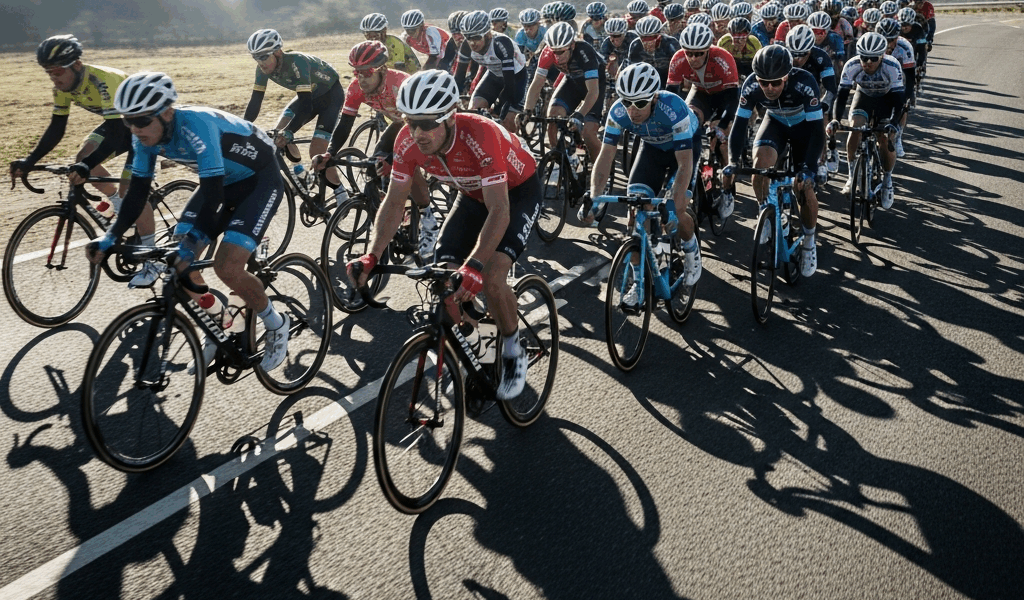 road cyclists riding in tight peloton formation on an open r 20260331 083301