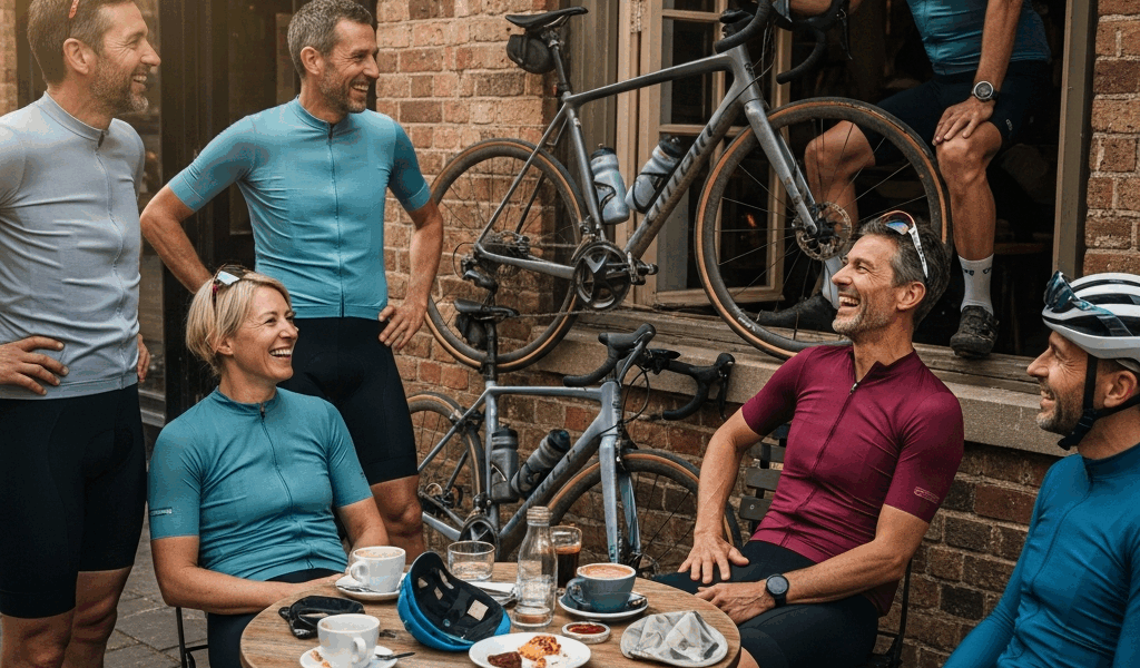 small group of recreational cyclists chatting at a cafe stop 20260331 083445