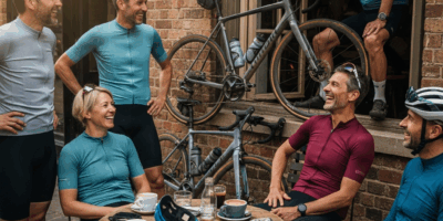 small group of recreational cyclists chatting at a cafe stop 20260331 083445
