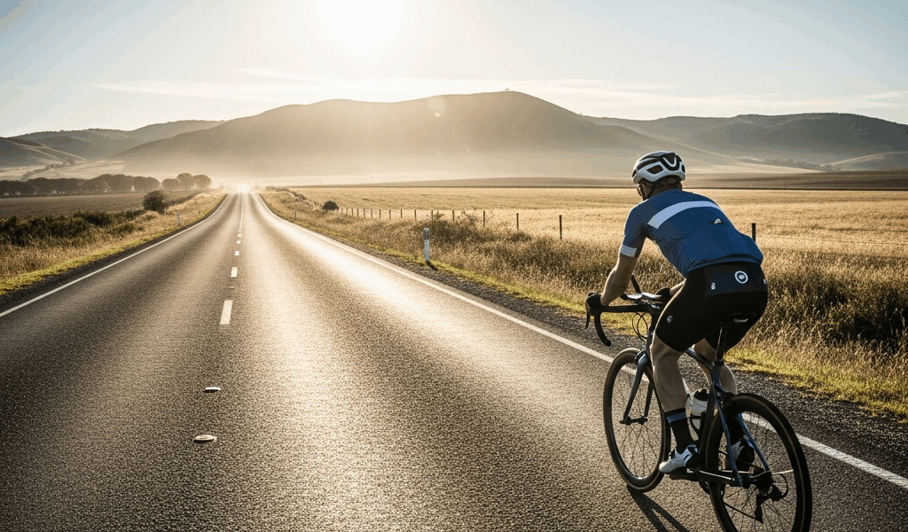 solo cyclist riding a long empty rural road toward distant h 20260331 083401