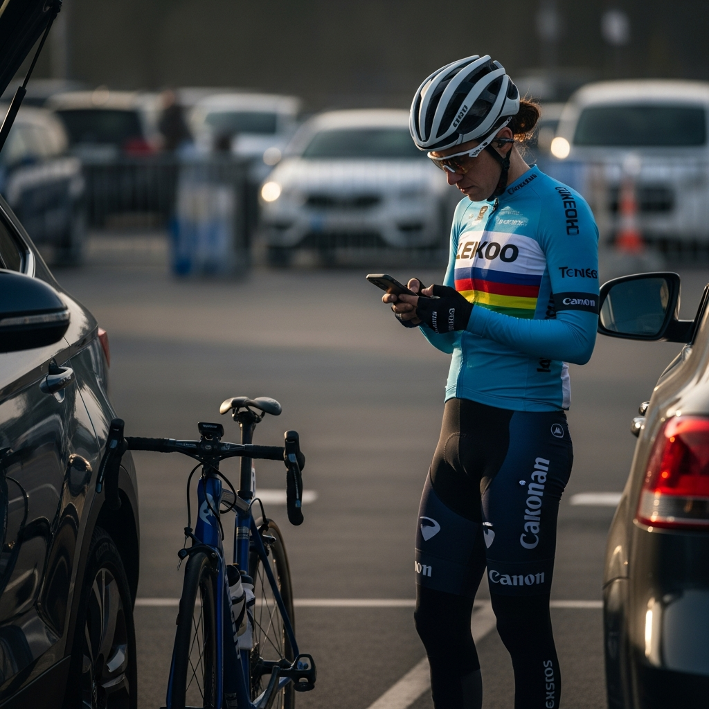 Cyclist in kit checking a phone beside the car before a race, confirming the updated start time
