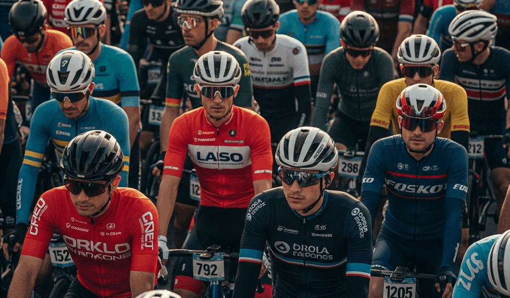 a tightly packed group of road cyclists at a race start line 20260529 232636